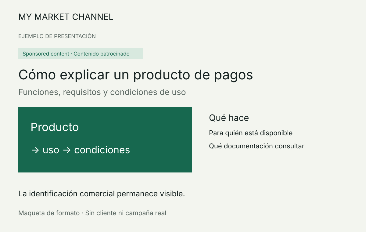 Ejemplo de diseño de un artículo identificado como contenido patrocinado, sin cliente ni campaña real.