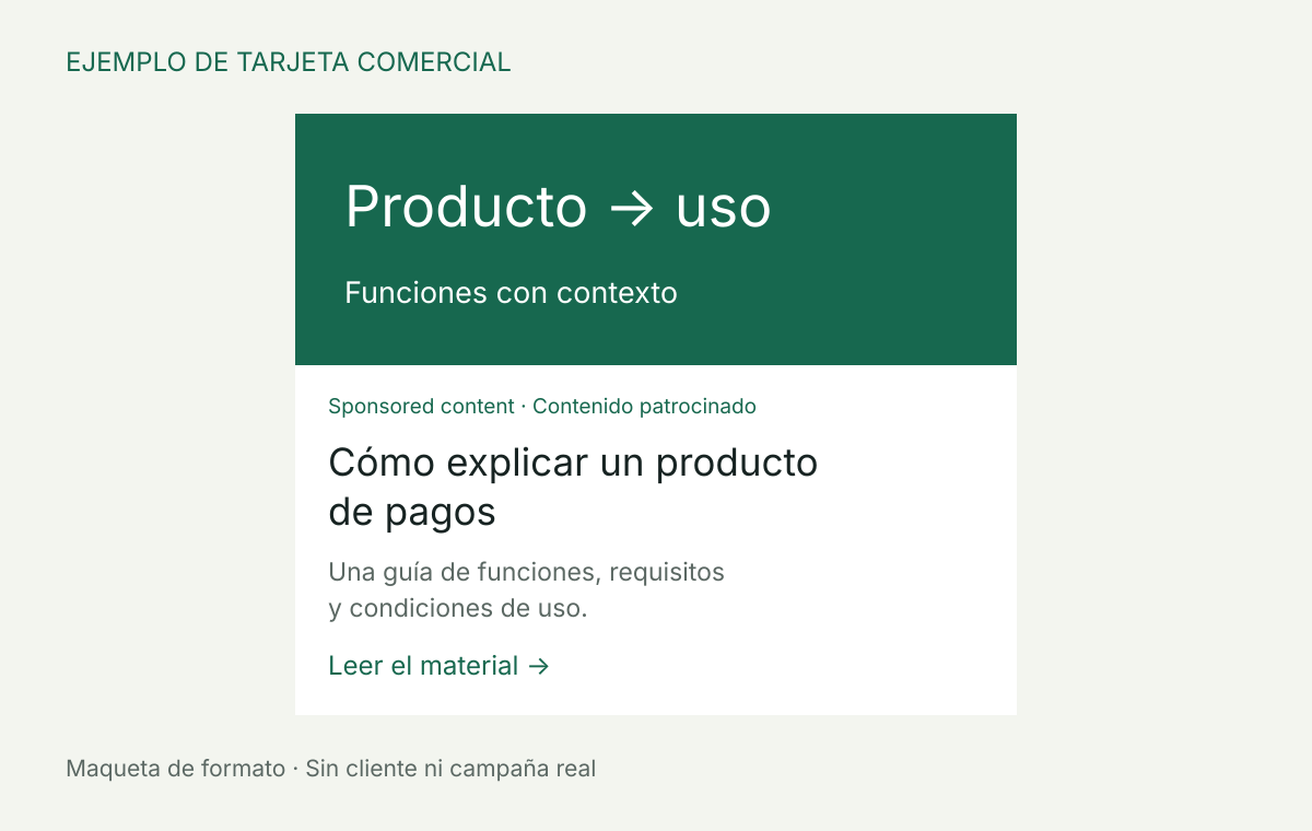 Ejemplo de una tarjeta de contenido patrocinado con imagen, etiqueta comercial, título y resumen.