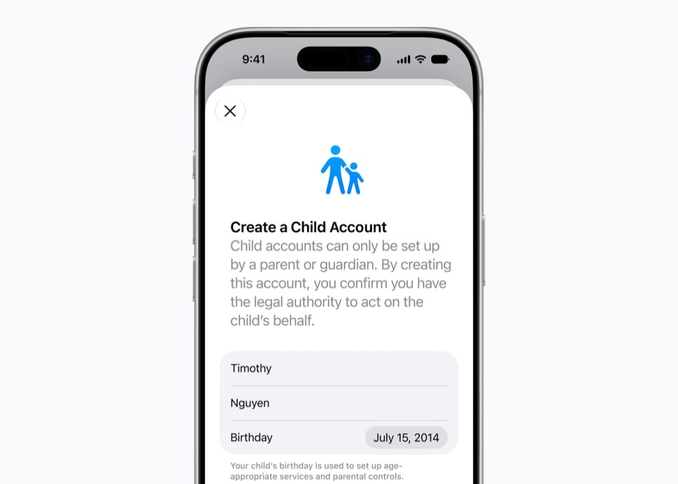 Pantalla de configuración de una cuenta infantil en la presentación de iOS 27.