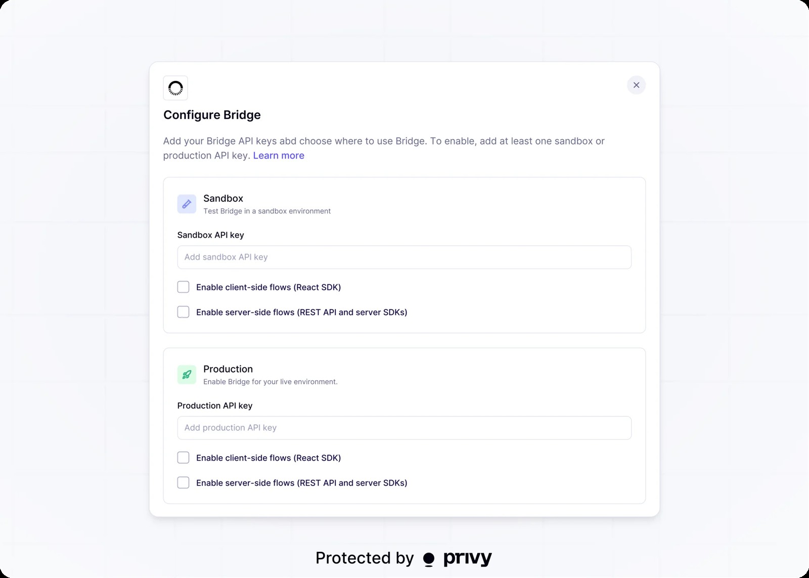 Pantalla de configuración de Bridge en Privy.